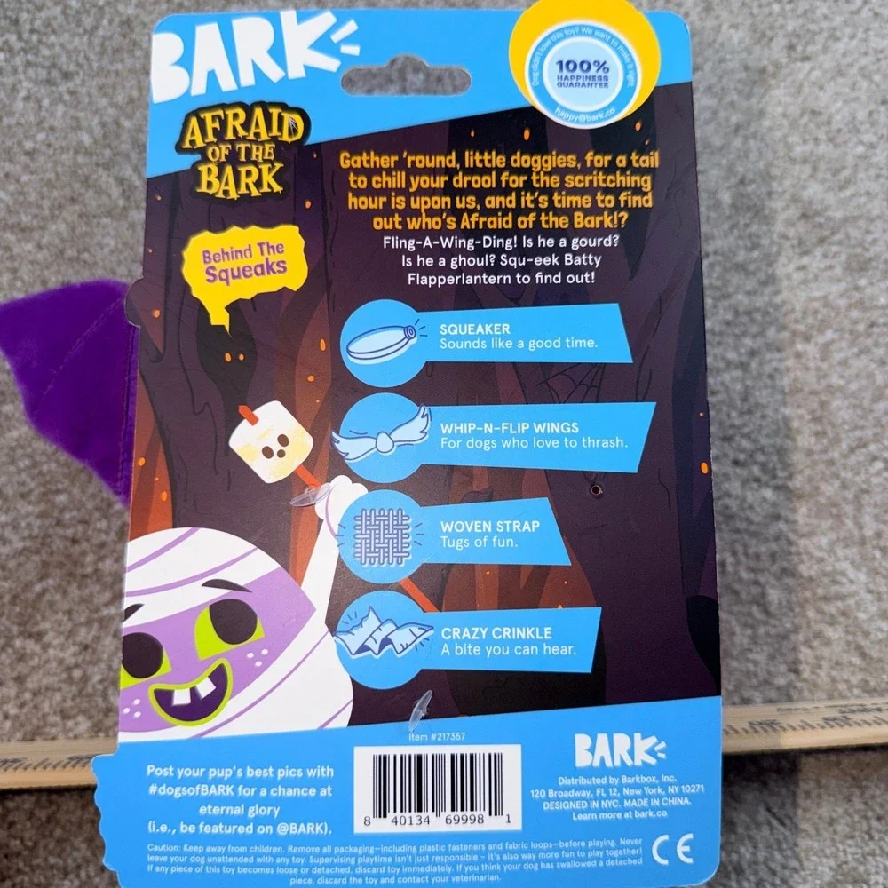 Bark Batty‎ Flapperlantern Halloween Pumpkin Bat Dog Toy Squeak Crinkle Corduroy